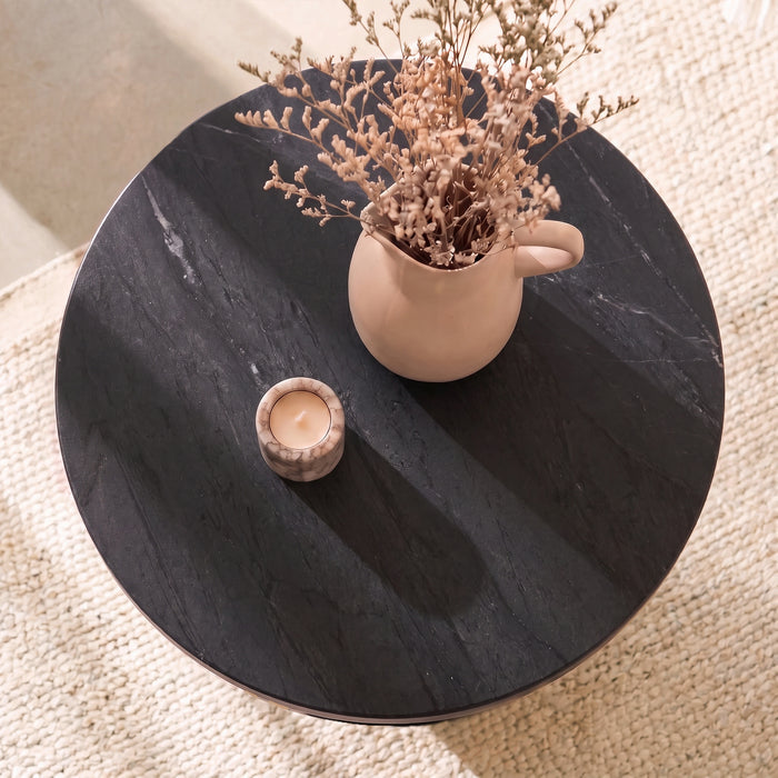 Adam 45cm Jet Black Mango Wood & Black Marble Round Side Table - Laura James