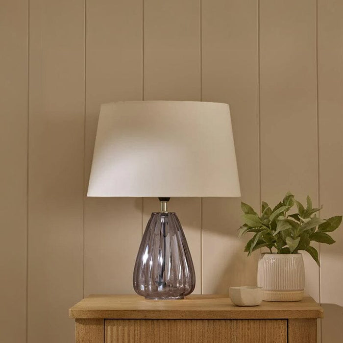 Alma 23cm Smoke Grey Glass Lamp & Coningsby Snow White Cotton Lampshade - 30cm - Laura James