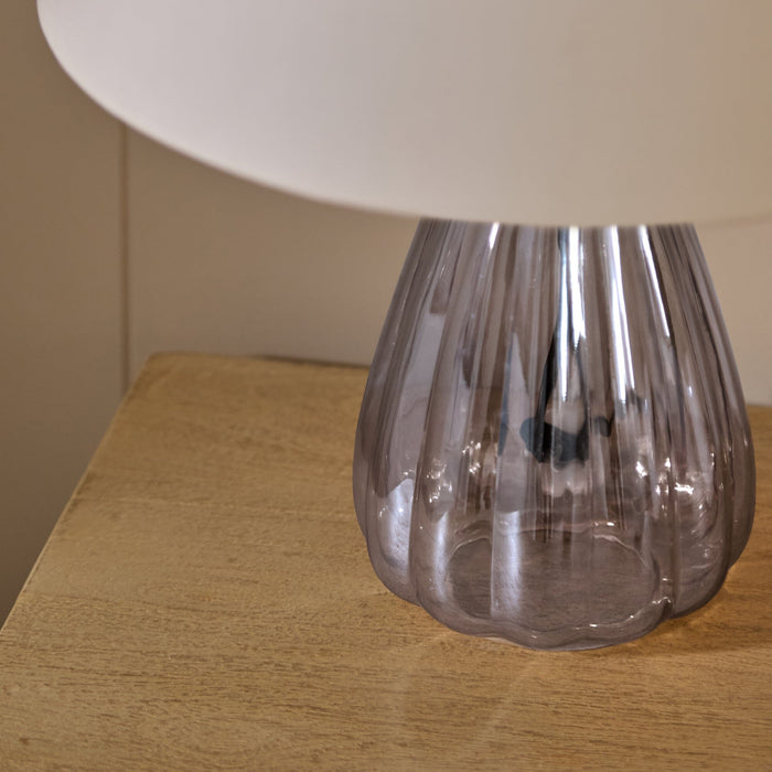 Alma 23cm Glass Lamp Base - Smoke Grey & Coningsby 30cm Cotton Lamp Shade - Snow White - Laura James