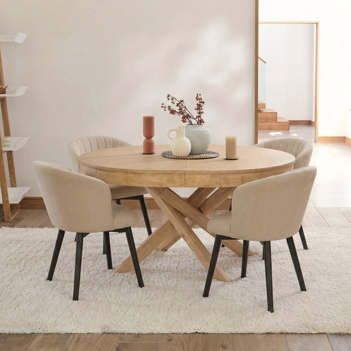 Arabella Natural Beige Dining Chairs - Set of 2 - Black Oak Legs+ Amelia Whitewash Oval Extending Dining Table Set - 4 Seater - Laura James