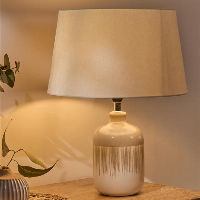 Arundel 24cm Ceramic Lamp Base - Sage Green Reactive Glaze & Coningsby 30cm Cotton Lamp Shade - Taupe - Laura James