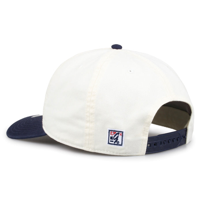 Rear view of Auburn Original Circle Snapback showing the ivory crown, navy adjustable snap closure, and embroidered The Game logo.