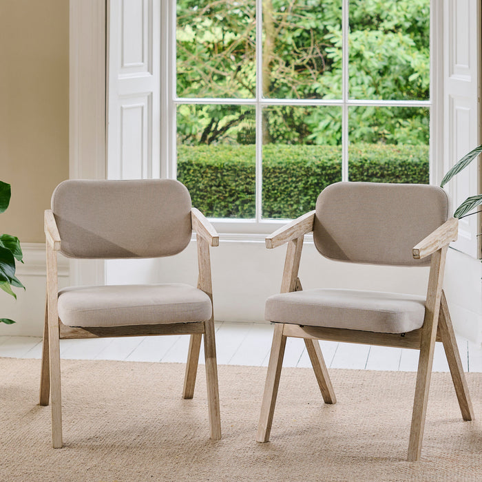 Aurelia Soft Beige Dining Armchairs - Set of 2 - Whitewash Oak Legs - Laura James