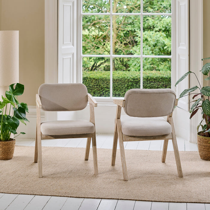 Aurelia Soft Beige Dining Armchairs - Set of 2 - Whitewash Oak Legs - Laura James