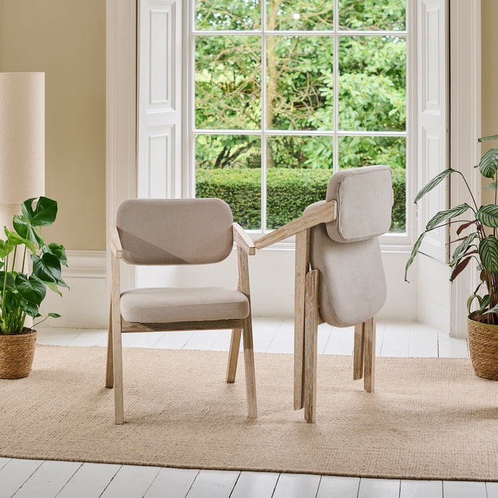 Aurelia Soft Beige Dining Armchairs - Set of 2 - Whitewash Oak Legs - Laura James