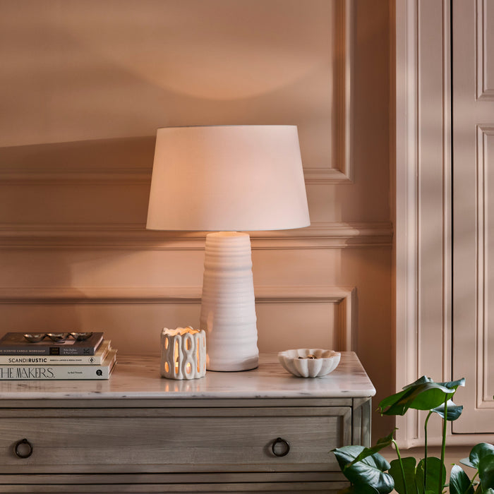 Burleigh 43cm Ceramic Table Lamp Base - White & Coningsby 35cm Cotton Lamp Shade - Snow White - Laura James