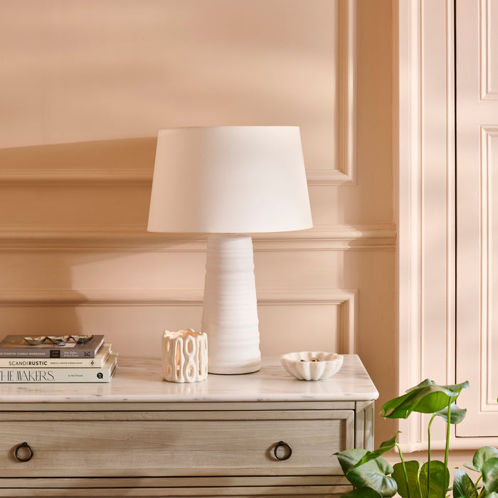 Burleigh 43cm Ceramic Table Lamp Base - White & Coningsby 35cm Cotton Lamp Shade - Snow White - Laura James