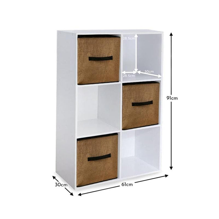 Cara 6 Cube Chalk White Bookcase Wooden Display Unit Shelving Storage Bookshelf Shelves - Jute Natural Basket - Laura James