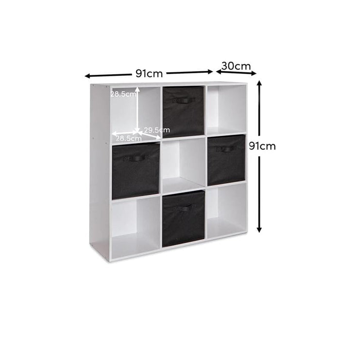 Cara 9 Cube Storage Unit - Chalk White Bookcase with Black Boxes - Laura James
