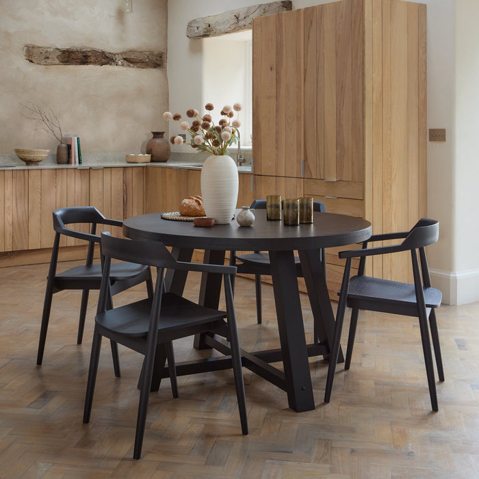 Charlotte Black Oak Round Dining Table Set - 4 Seater - Carter Black Oak Dining Armchairs - Laura James