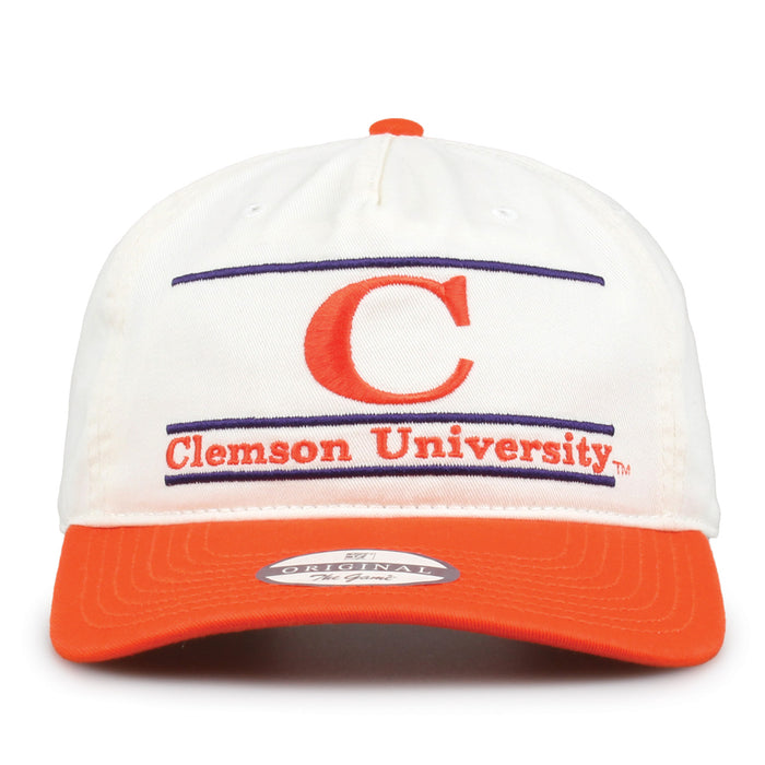 Clemson Original Bar snapback hat with embroidered school design, front view