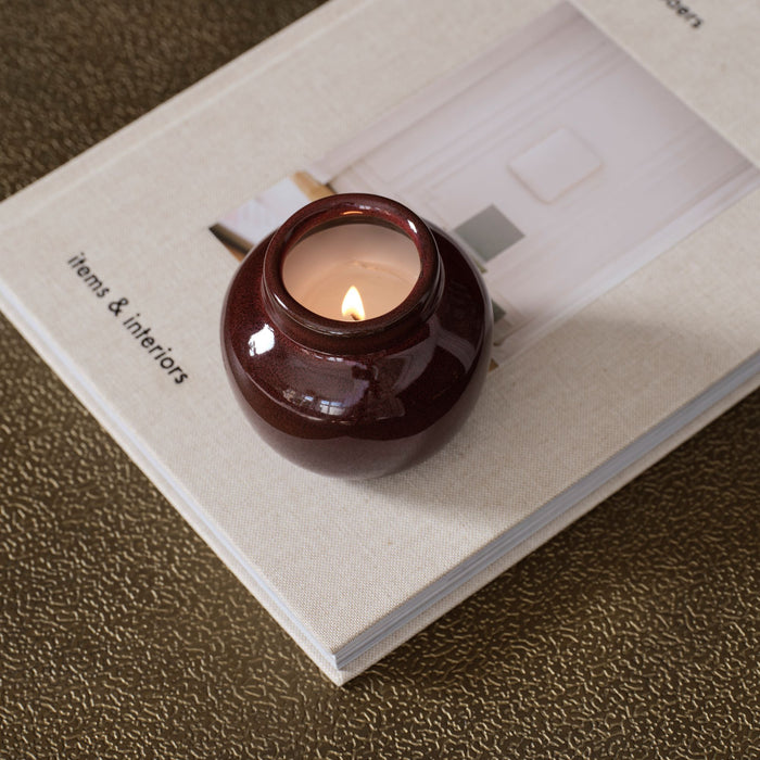 Clovelley 9cm Ceramic Sea Salt and Bergamot Candle - Burgundy - Laura James