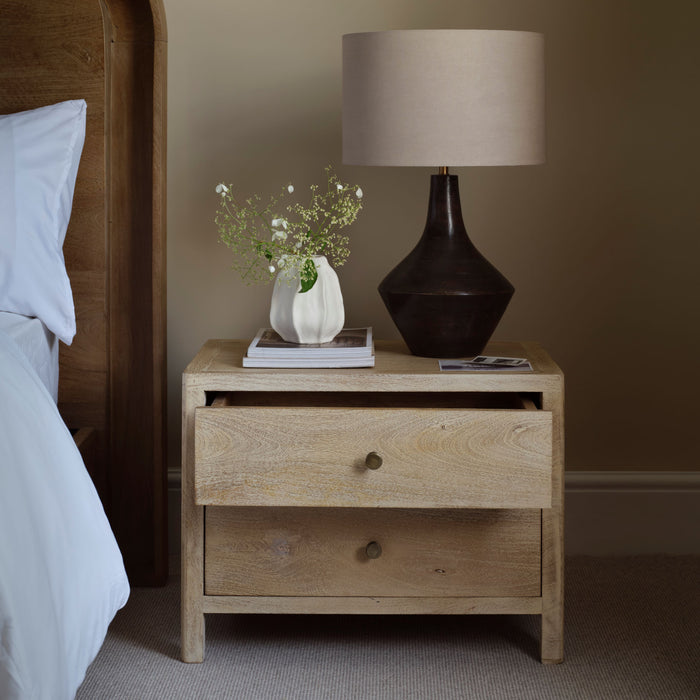 Colton 60cm 2 Drawer Bedside Table - Chalked Mango Wood & Travertine - Laura James
