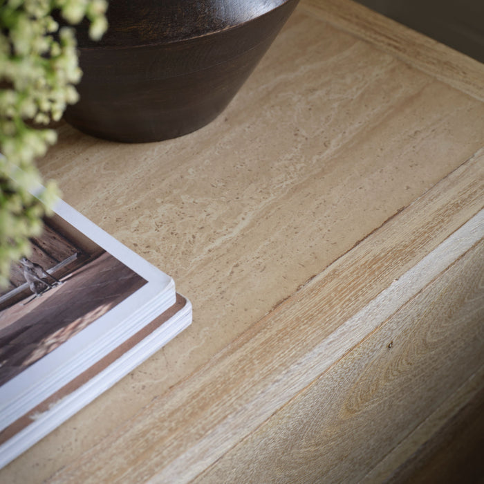 Colton 60cm 2 Drawer Bedside Table - Chalked Mango Wood & Travertine - Laura James