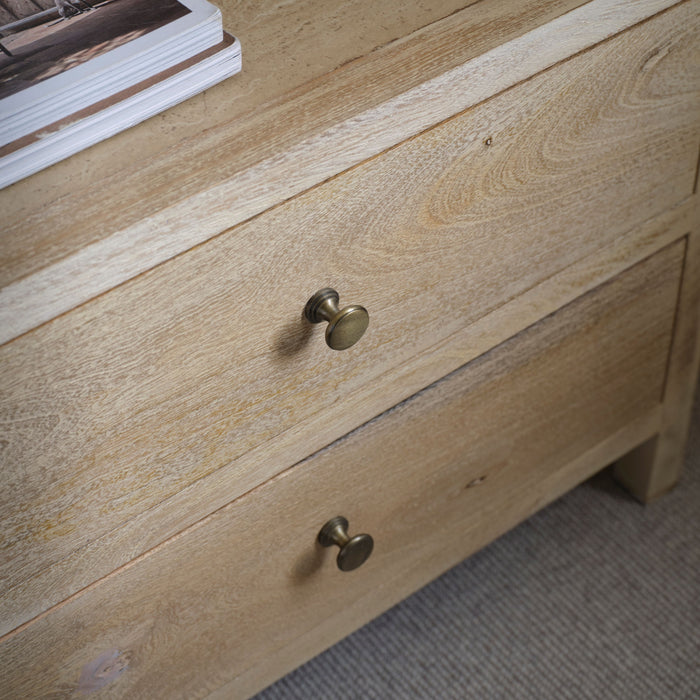 Colton 60cm 2 Drawer Bedside Table - Chalked Mango Wood & Travertine - Laura James