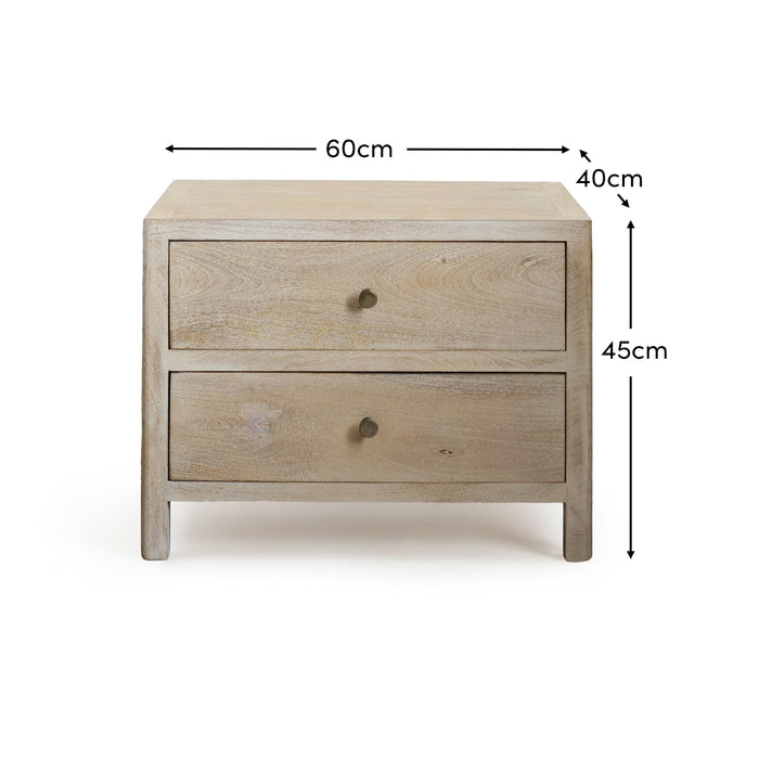 Colton 60cm 2 Drawer Bedside Table - Chalked Mango Wood & Travertine - Laura James