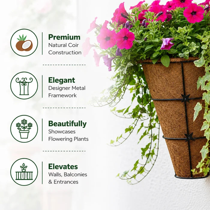 Urban Plant CONE Coir Wall Planter – Set of 3 | Natural Coir Liner with Decorative Metal Wall Basket