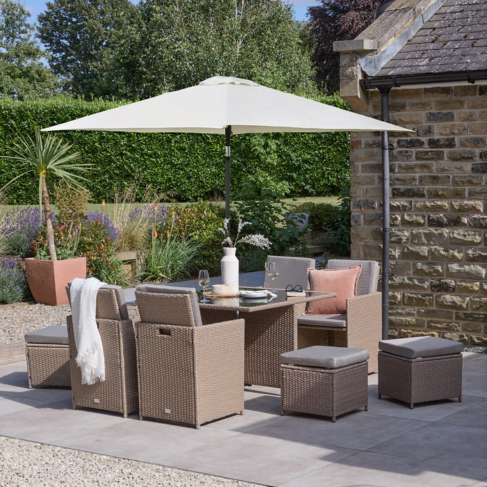 8 Seater Rattan Cube Outdoor Dining Set - Brown Weave Glass Top with Parasol Cream - Laura James
