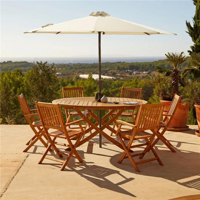 Ashby 6 Seater Round Wooden Garden Dining Set with Arms & Premium LED Cream Parasol - Laura James