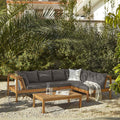 Dakota Corner Wooden Sofa Set with Cream LED Premium Parasol- Grey Cushions