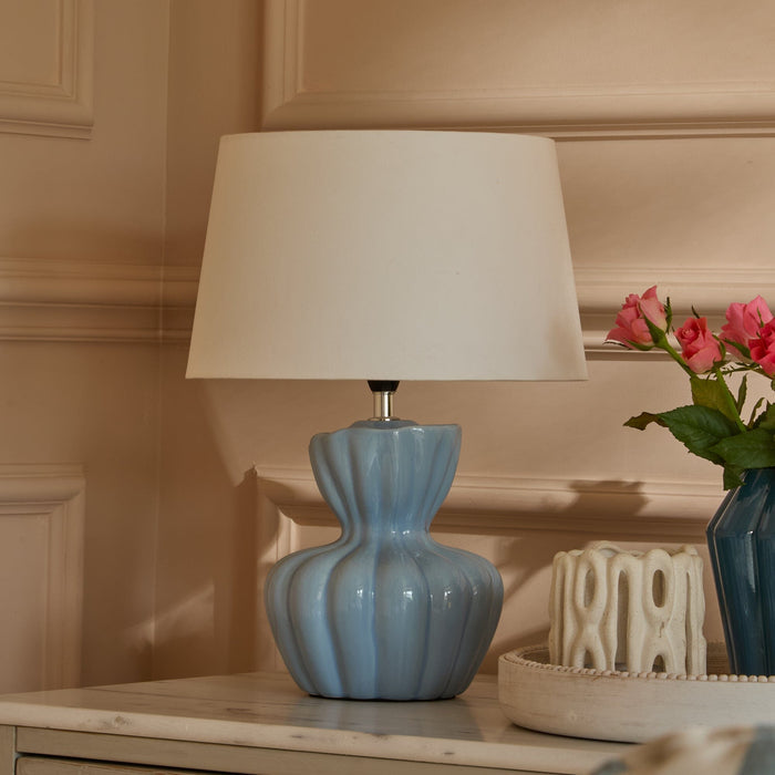 Dawes 30cm Ceramic Lamp Base - Cornflower Blue with Coningsby 30cm Cotton Lamp Shade - Snow White - Laura James