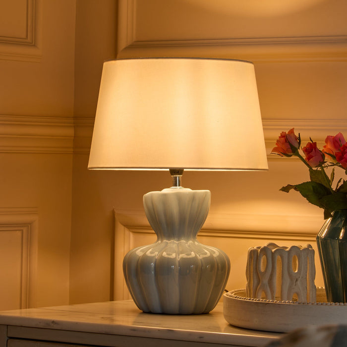 Dawes 30cm Ceramic Lamp Base - Cornflower Blue with Coningsby 30cm Cotton Lamp Shade - Snow White - Laura James