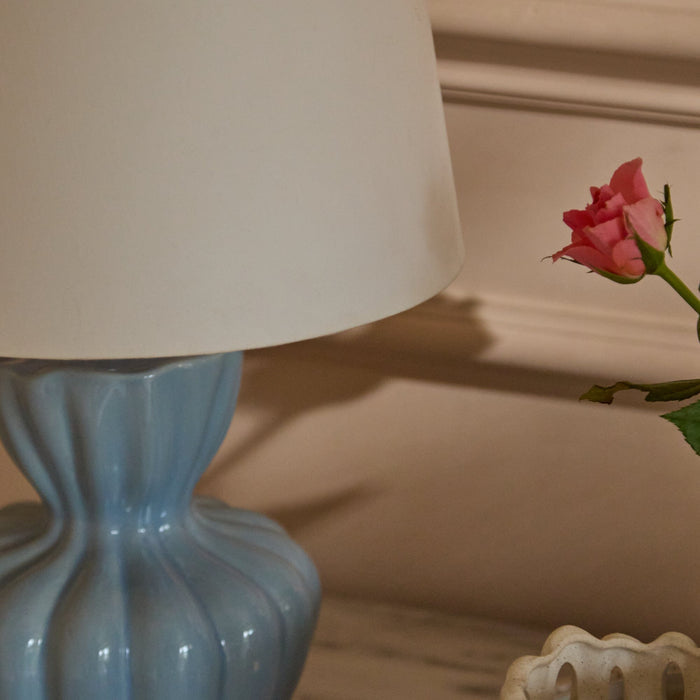 Dawes 30cm Ceramic Lamp Base - Cornflower Blue with Coningsby 30cm Cotton Lamp Shade - Snow White - Laura James