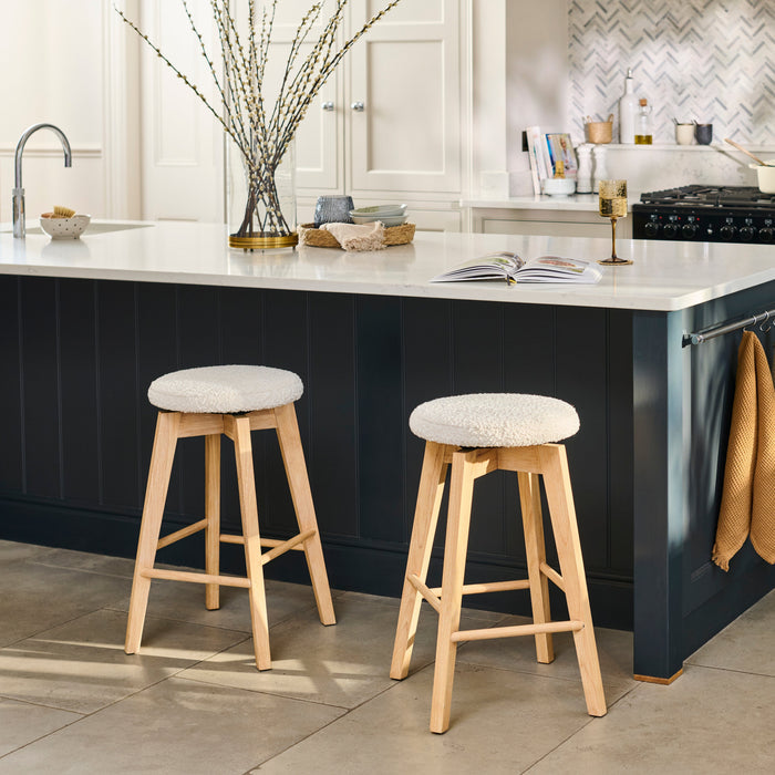 Digby Off White Boucle Swivel Backless Stools - Set of 2 - Whitewash Oak Legs - Laura James