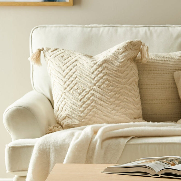 Elborough 50x50cm Diamond Cotton Tasseled Cushion Cover - Off White