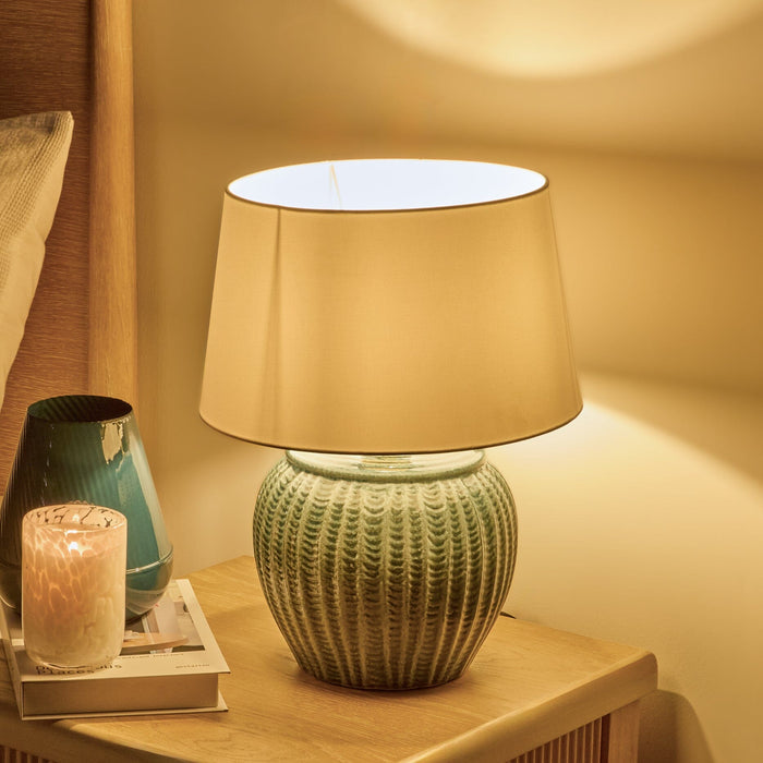 Elmer 27cm Ceramic Lamp Base - Teal Blue & Coningsby 35cm Cotton Lamp Shade - Snow White - Laura James