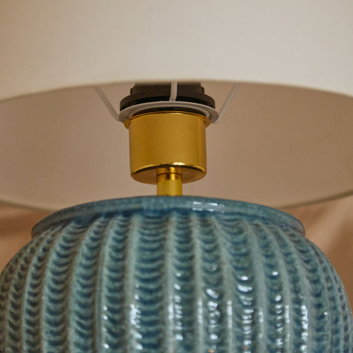 Elmer 27cm Ceramic Lamp Base - Teal Blue & Coningsby 35cm Cotton Lamp Shade - Snow White - Laura James