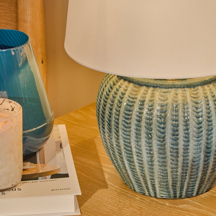 Elmer 27cm Ceramic Lamp Base - Teal Blue & Coningsby 35cm Cotton Lamp Shade - Snow White - Laura James