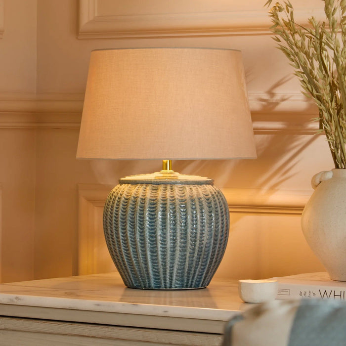 Elmer 27cm Teal Blue Ceramic Lamp Base & Coningsby Taupe Cotton Lampshade - 35cm - Laura James