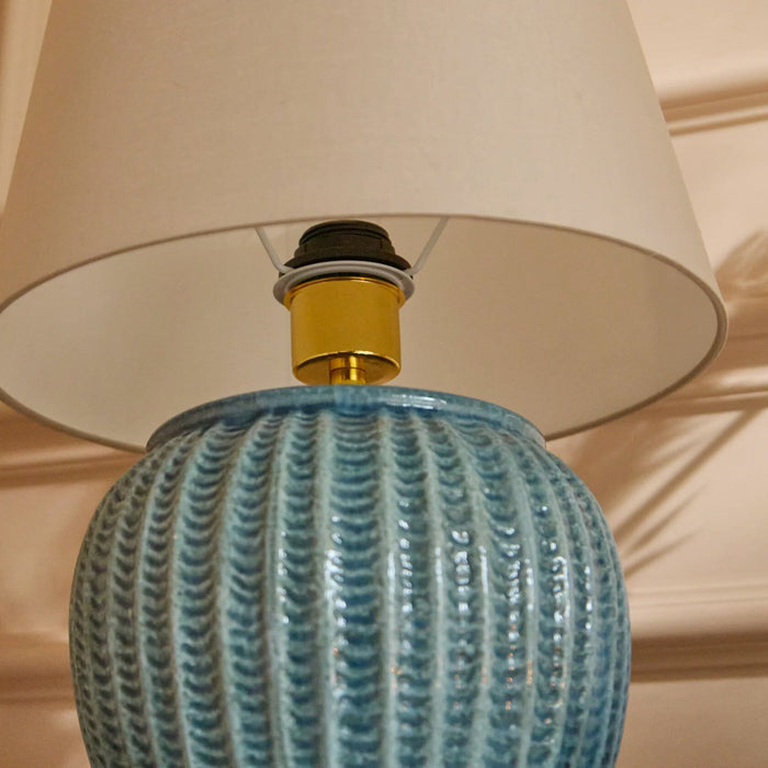 Elmer 27cm Teal Blue Ceramic Lamp Base & Coningsby Taupe Cotton Lampshade - 35cm - Laura James