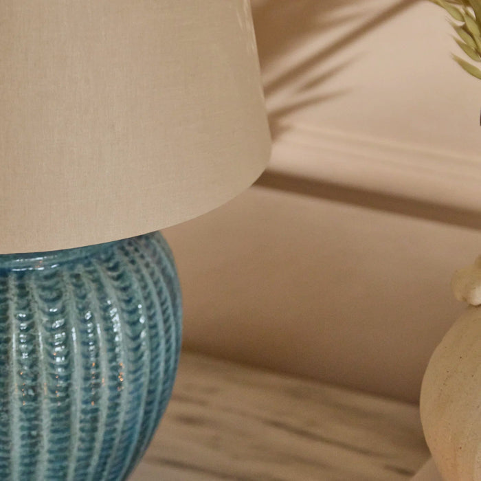 Elmer 27cm Teal Blue Ceramic Lamp Base & Coningsby Taupe Cotton Lampshade - 35cm - Laura James