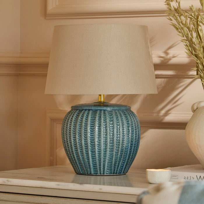 Elmer 27cm Teal Blue Ceramic Lamp Base & Coningsby Taupe Cotton Lampshade - 35cm - Laura James