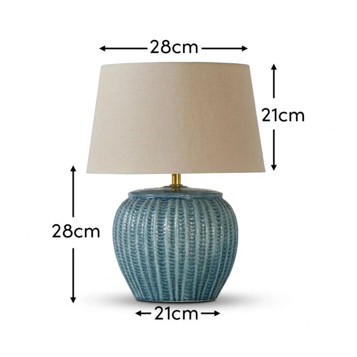 Elmer 27cm Teal Blue Ceramic Lamp Base & Coningsby Taupe Cotton Lampshade - 35cm - Laura James