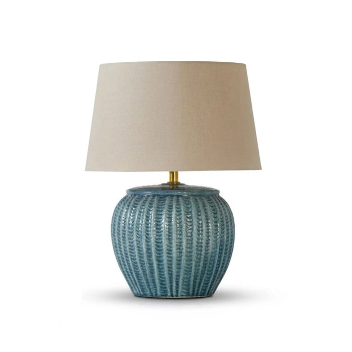 Elmer 27cm Teal Blue Ceramic Lamp Base & Coningsby Taupe Cotton Lampshade - 35cm - Laura James