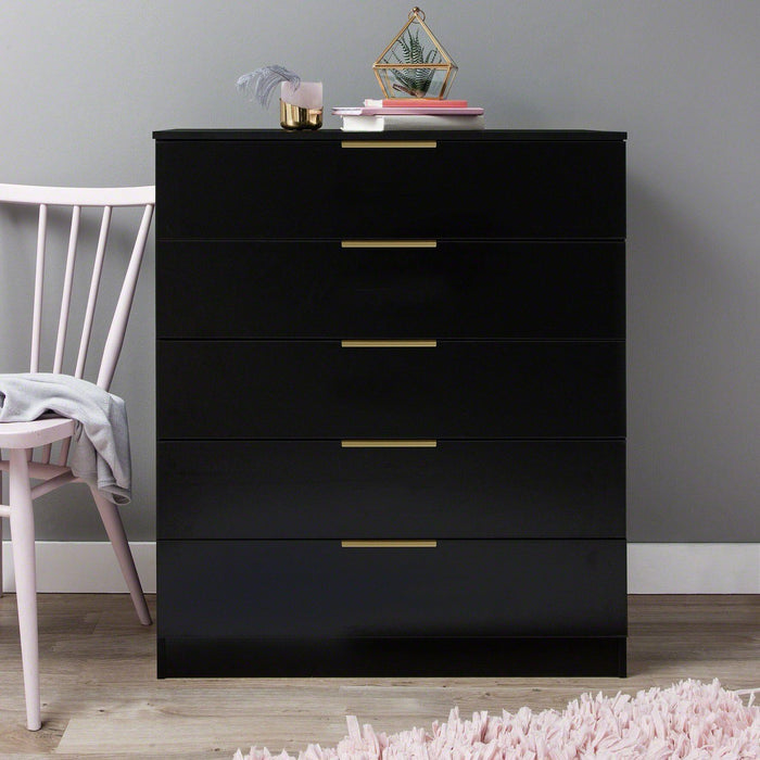 Essie Black Chest of 5 Drawers with Gold Handles by Laura James