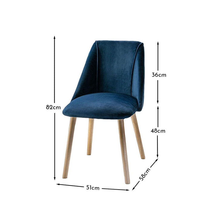 Freya Blue Velvet Dining Chairs - Set of 2 - Whitewash Oak Legs