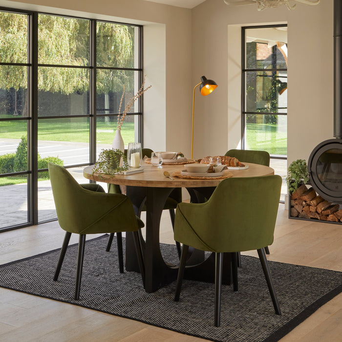 Jade Mango Wood Rectangular Dining Table Set - 4 Seater - Freya Boucle Armchairs with Black Legs
- Laura James