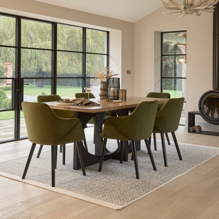 Jade Mango Wood Rectangular Dining Table Set - 6 Seater - Freya Fern Green Armchairs with Black Legs
- Laura James