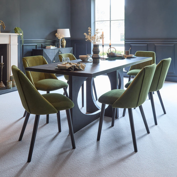 Jade Jet Black Rectangular Acacia Dining Table Set - 6 Seater - Freya Fern Green Dining Chairs with Black Legs
- Laura James