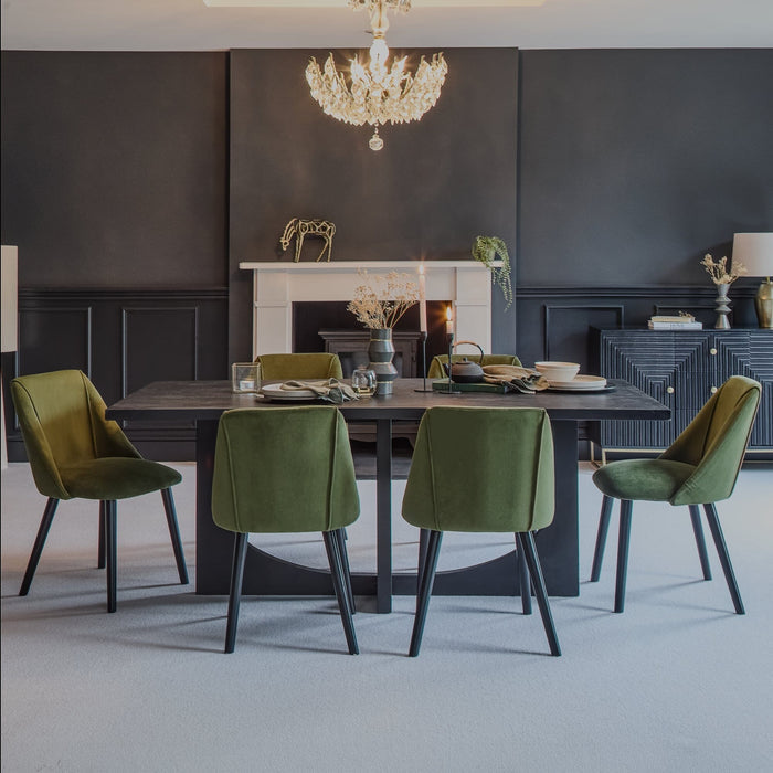 Jade Jet Black Rectangular Acacia Dining Table Set - 6 Seater - Freya Fern Green Dining Chairs with Black Legs
- Laura James