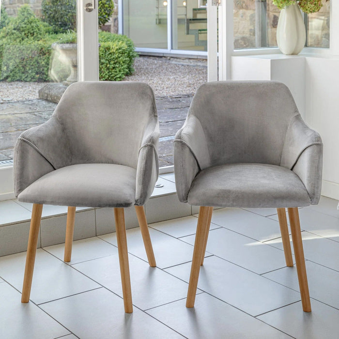 Freya Mist Grey Armchairs - Set of 2 - Pale Oak Legs - Laura James