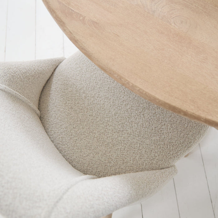 Imogen 120cm Chalked Mangowood  Round Dining Table Set - 4 Seater - Freya Oat Boucle Dining Chairs - Chalked Mangowood Legs - Laura James