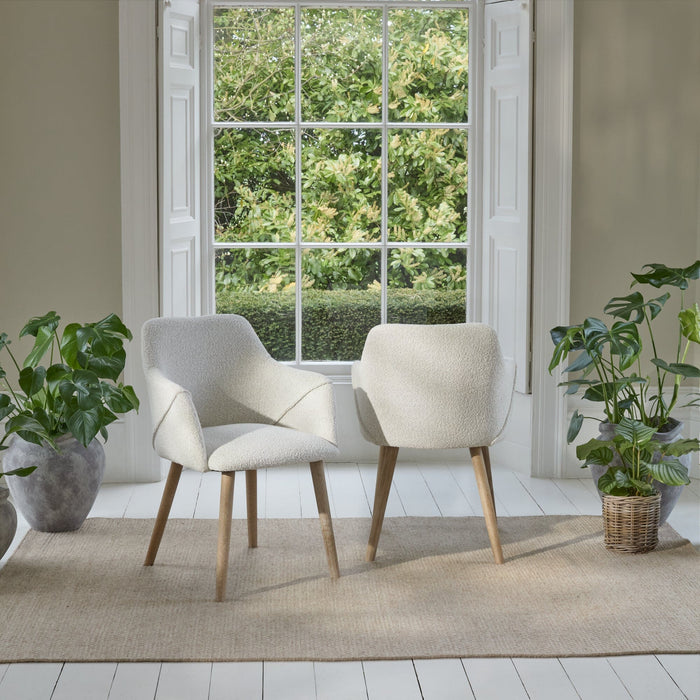 Freya Oat Boucle Dining Armchairs - Set of 2 - Chalked Mango Wood Legs - Laura James