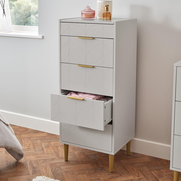 Gloria tallboy - grey and brass effect - Laura james