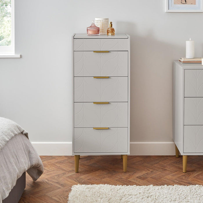 Gloria tallboy - grey and brass effect - Laura james