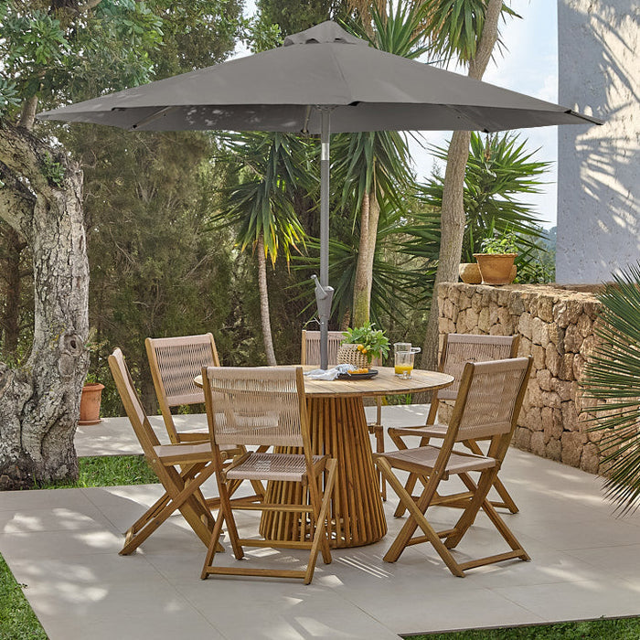 Willow Round 6 Wooden 4 Seater Dining Set with Cove Dining Chairs  with grey parasol - Laura James